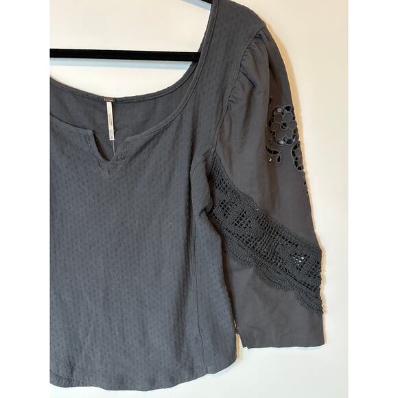 Free People Brunch Date Top Henley Metal Stiletto L Gray Boho Lace Cottagecore - Picture 7 of 14
